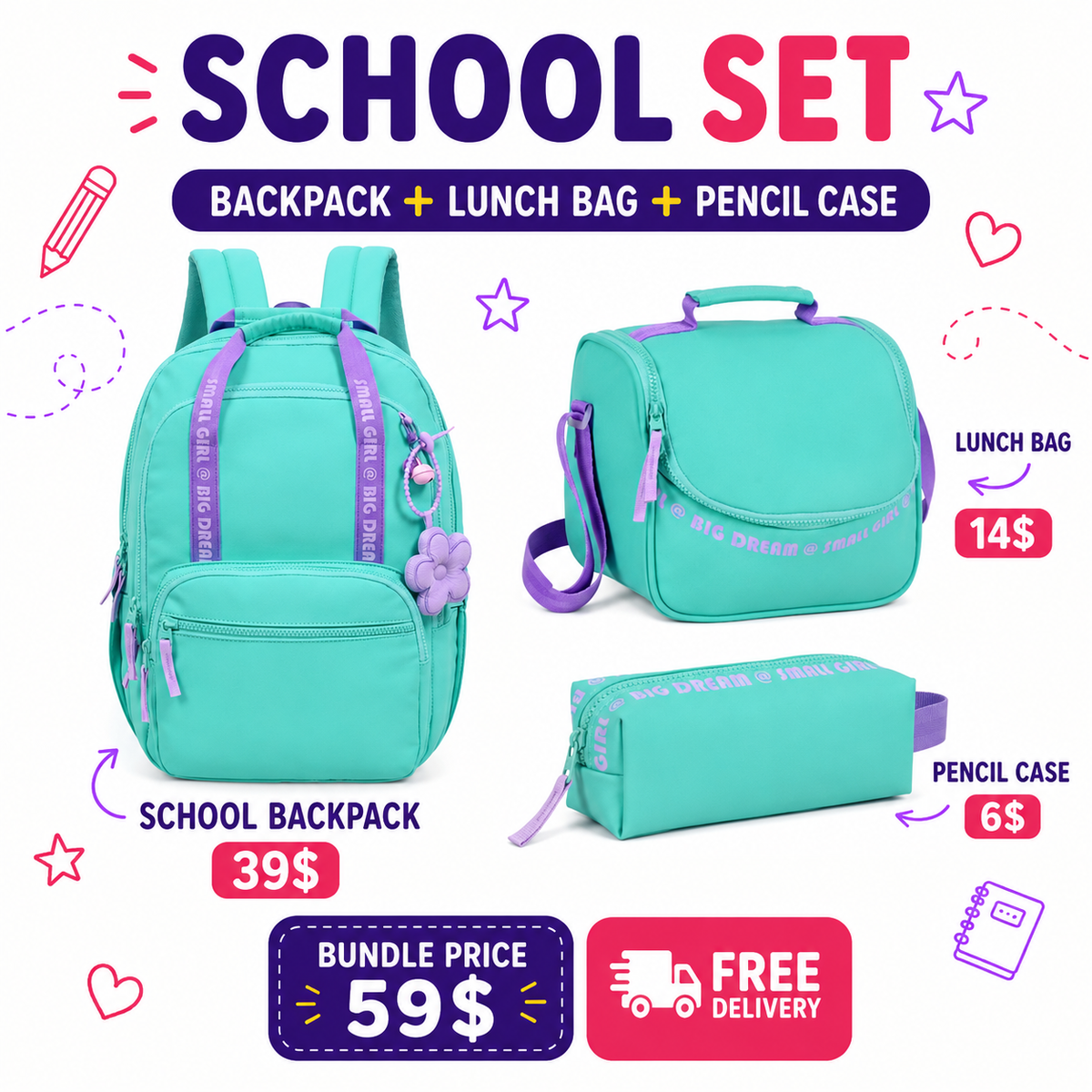 SMART School Set - Big Dream Small Girl- Green with Purple