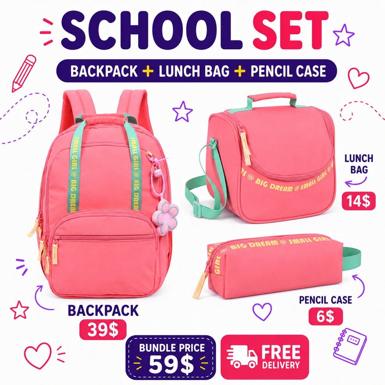 SMART School Set - Big Dream Small Girl- Pink with Green
