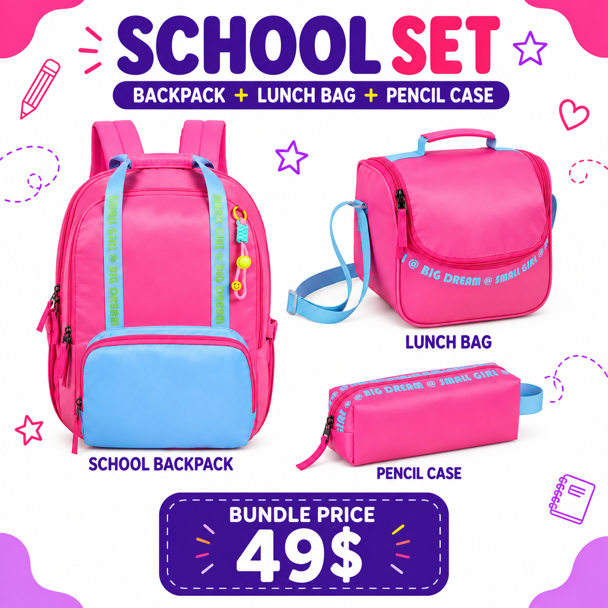 SMART School Set - Big Dream Small Girl- Fuchsia+Blue