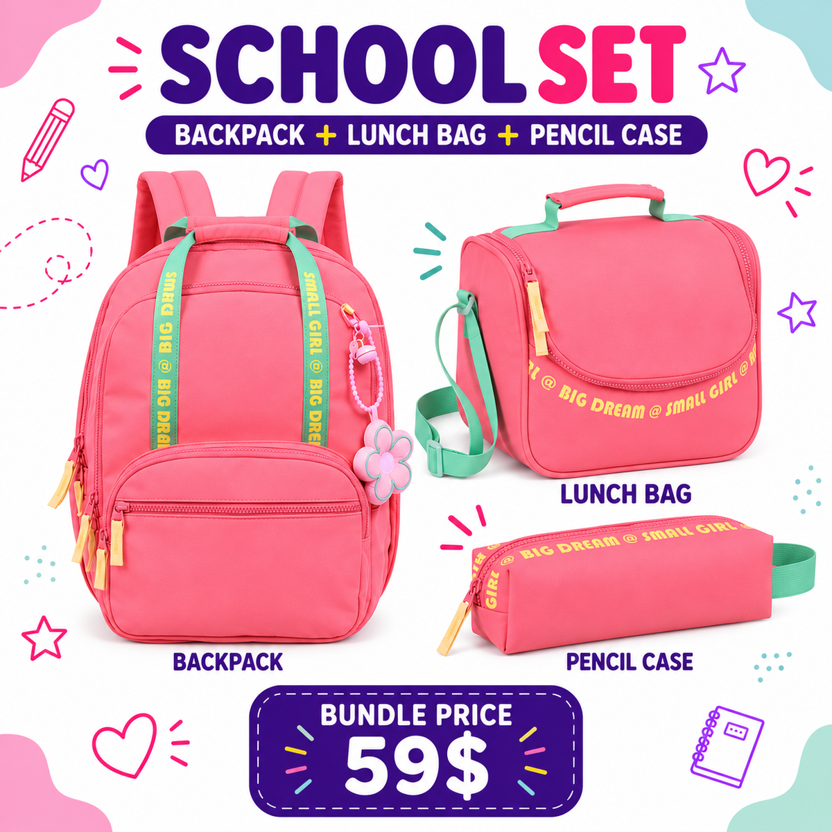 SMART School Set - Big Dream Small Girl- Pink with Green