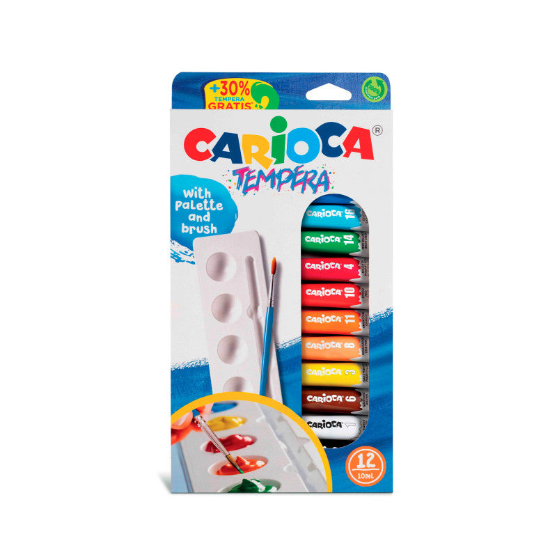 Carioca Tempera Tubes 10 ml - Set of 12 colors, a palette and a brush